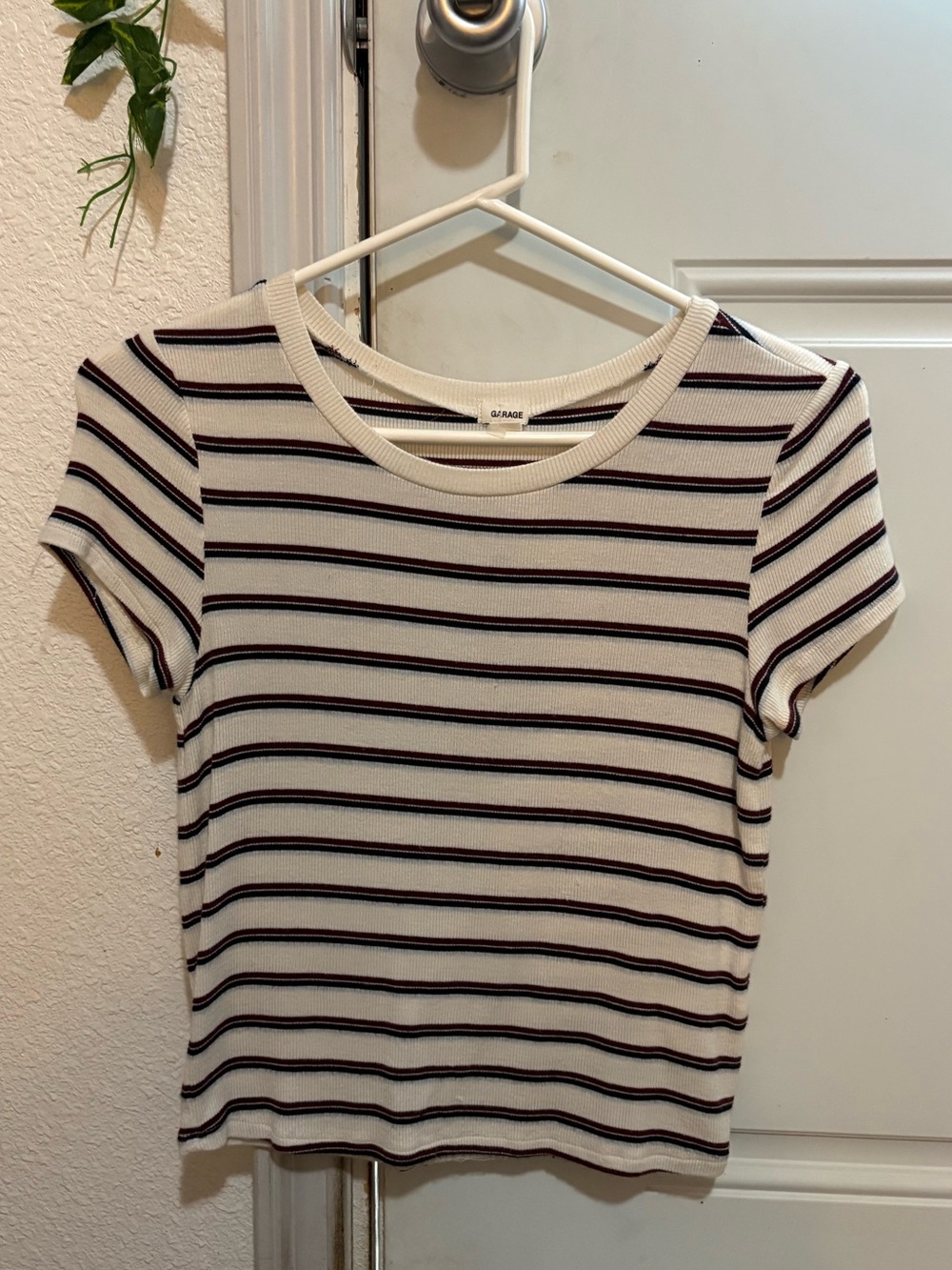 Striped Short Sleeve Top - White with Black & Burgundy Stripes from garage